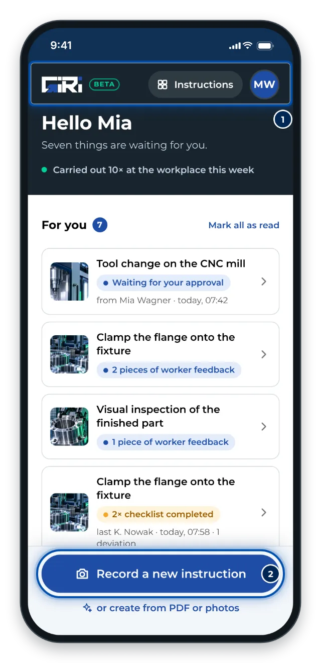 The start page on a phone once you are in the workspace