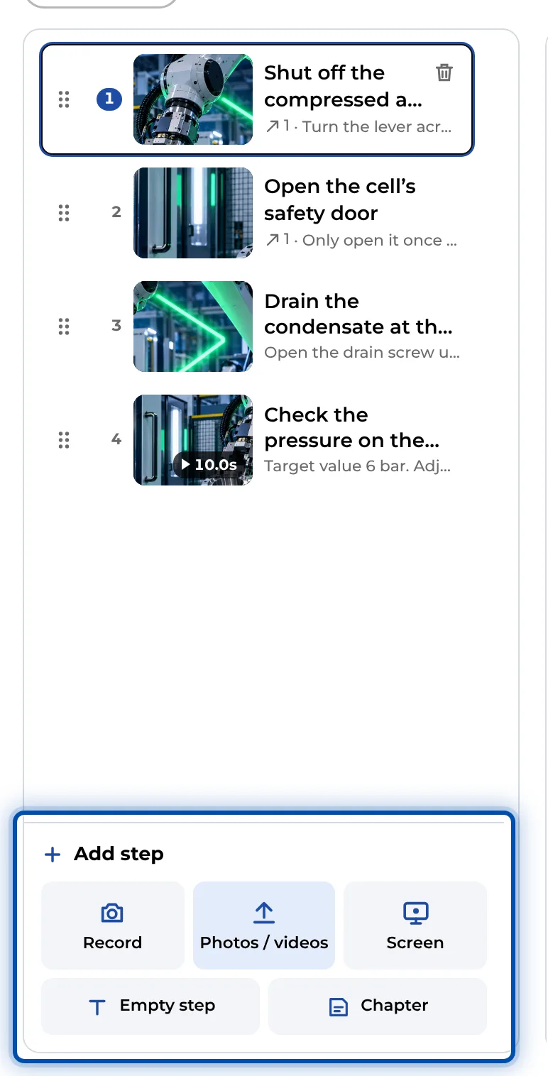 The Add step bar below the list of steps on a PC