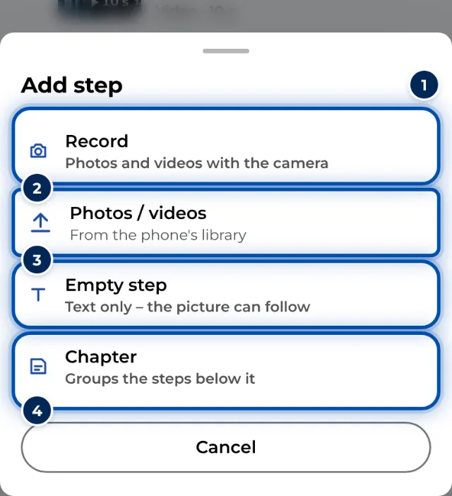 On a phone, Add step opens a menu with Record, Photos / videos, Empty step and Chapter
