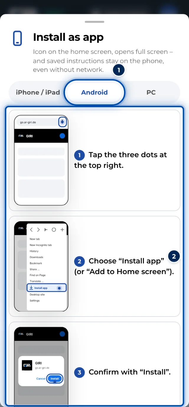 The installation guide in GIRI for Android