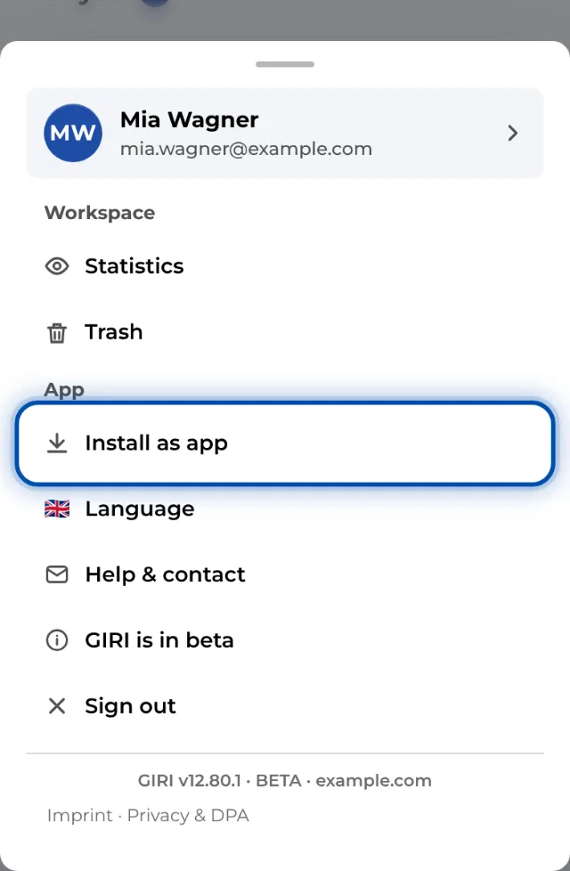 Install as app in the menu on a phone