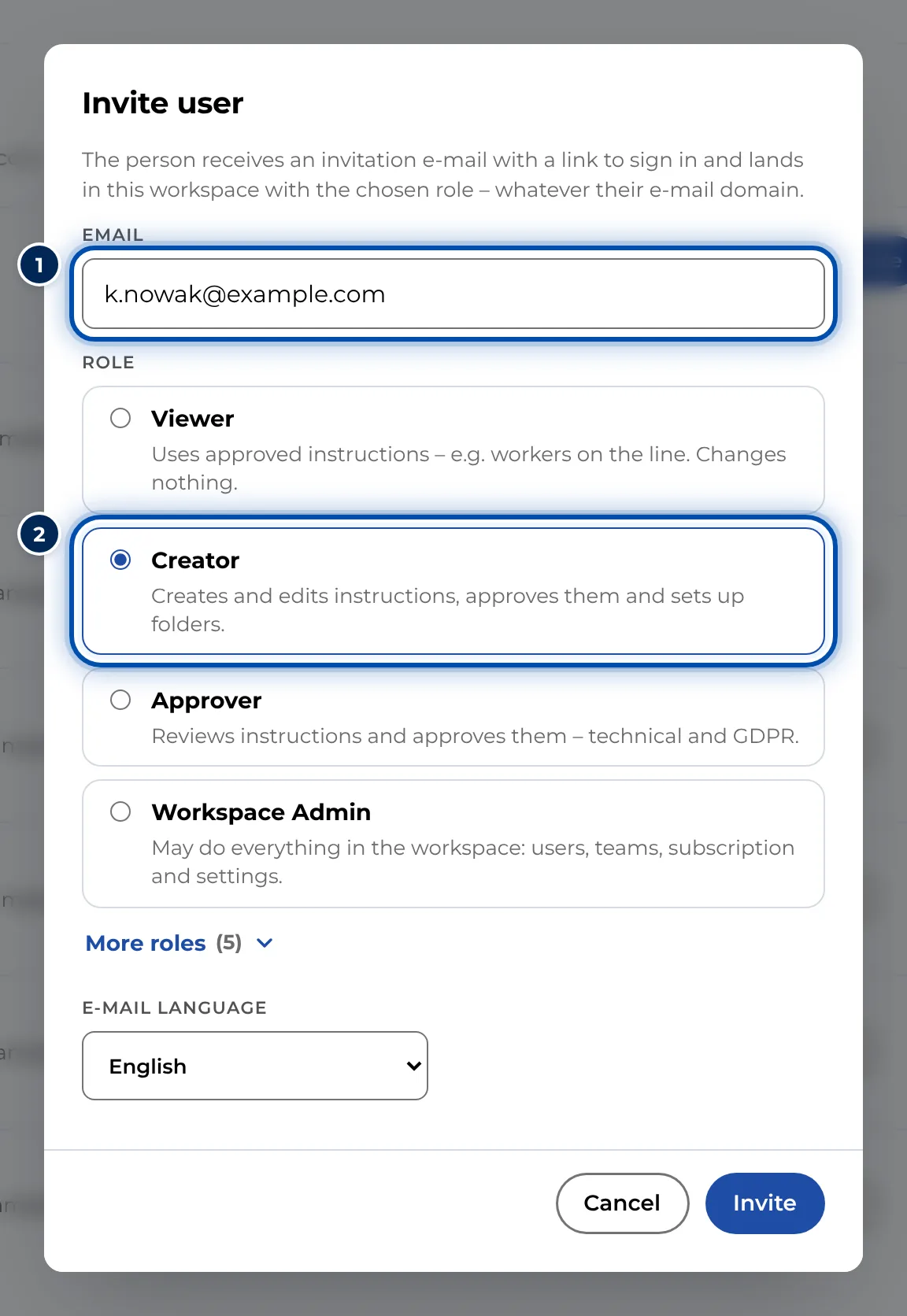 The Invite user dialog with an e-mail address and the preselected Creator role