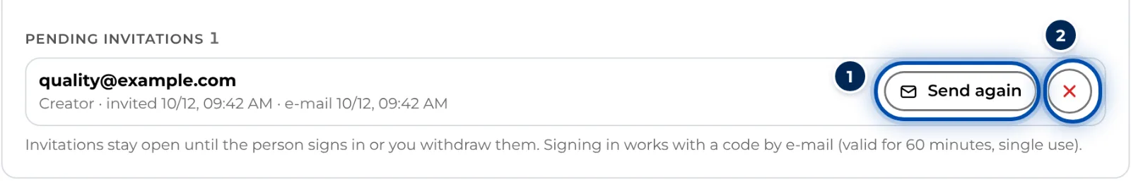Pending invitations with the buttons to send again and withdraw