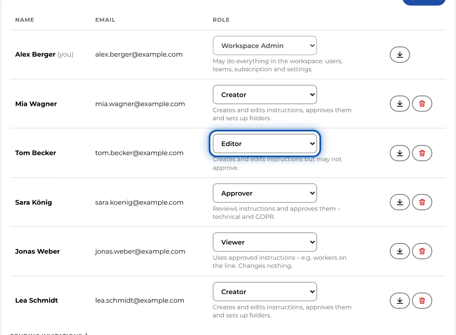 The users list with a role selector for each person