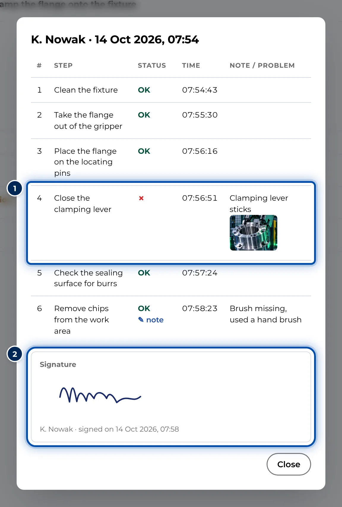 Details of a run with a note on a Not OK step and the signature