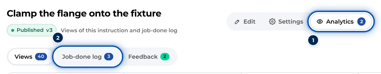 The Analytics tab and, inside it, the Job-done log tab