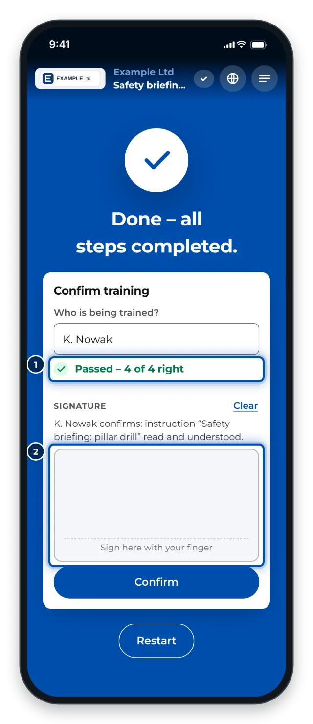 Passed: only now do the signature and Confirm appear