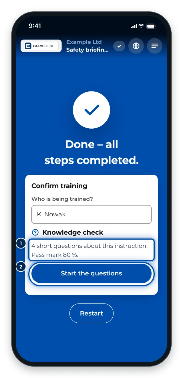 At the end of the training: the knowledge check with four questions before the signature