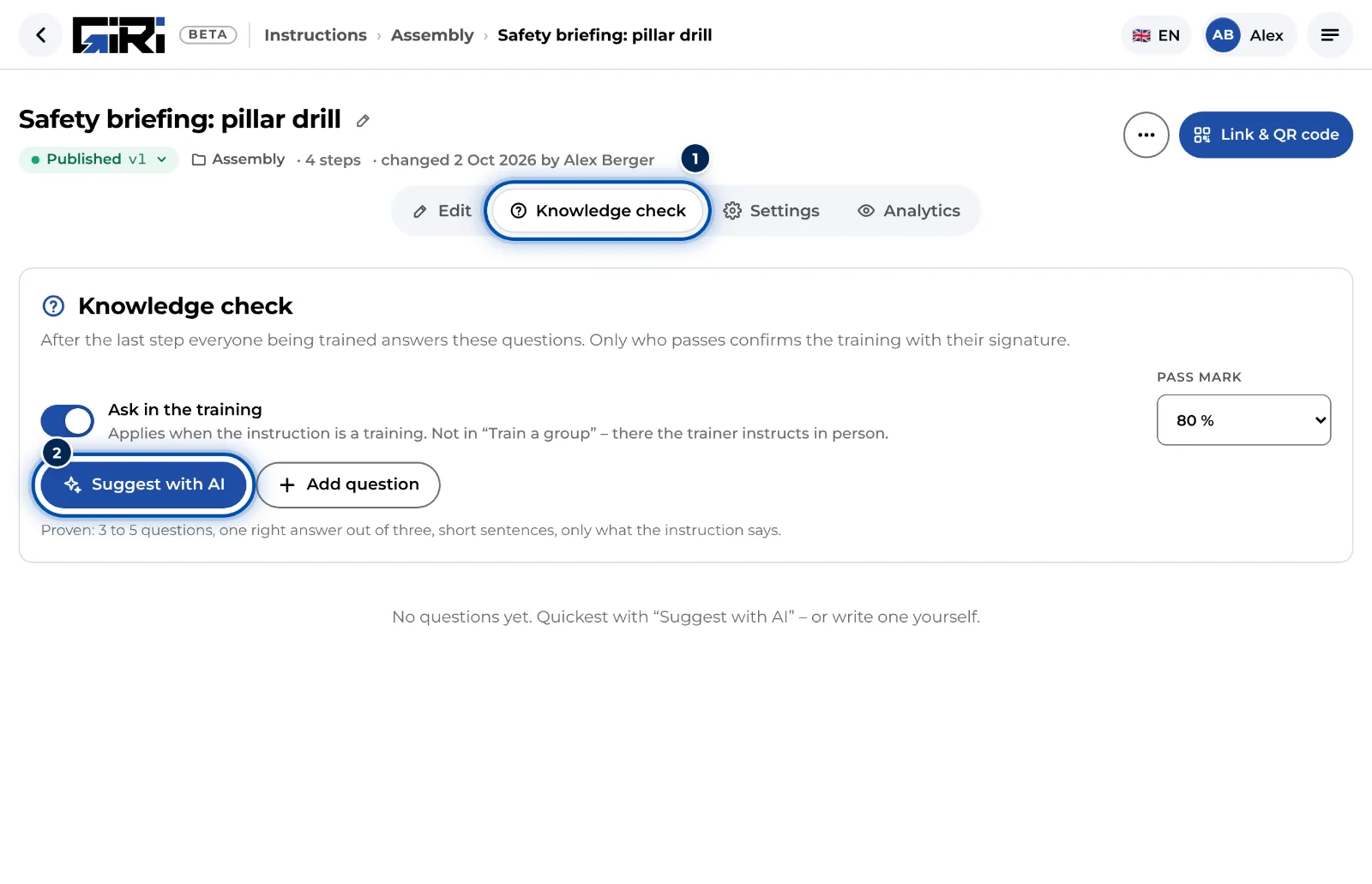 The Knowledge check tab of a training, still without questions