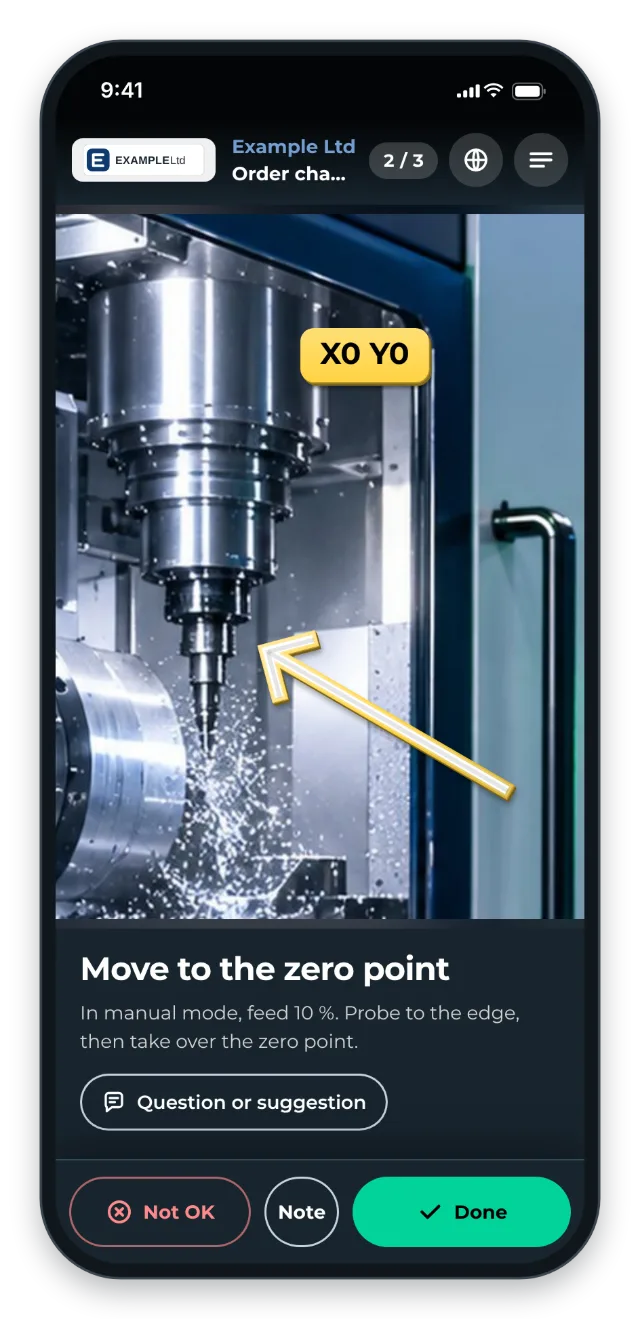 Order change on a phone: an arrow and parameters in the picture show the zero point