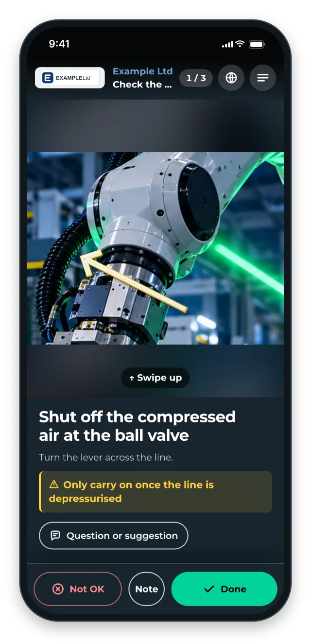 Worker view on a phone: the first step shuts off the compressed air, with a warning and the checklist