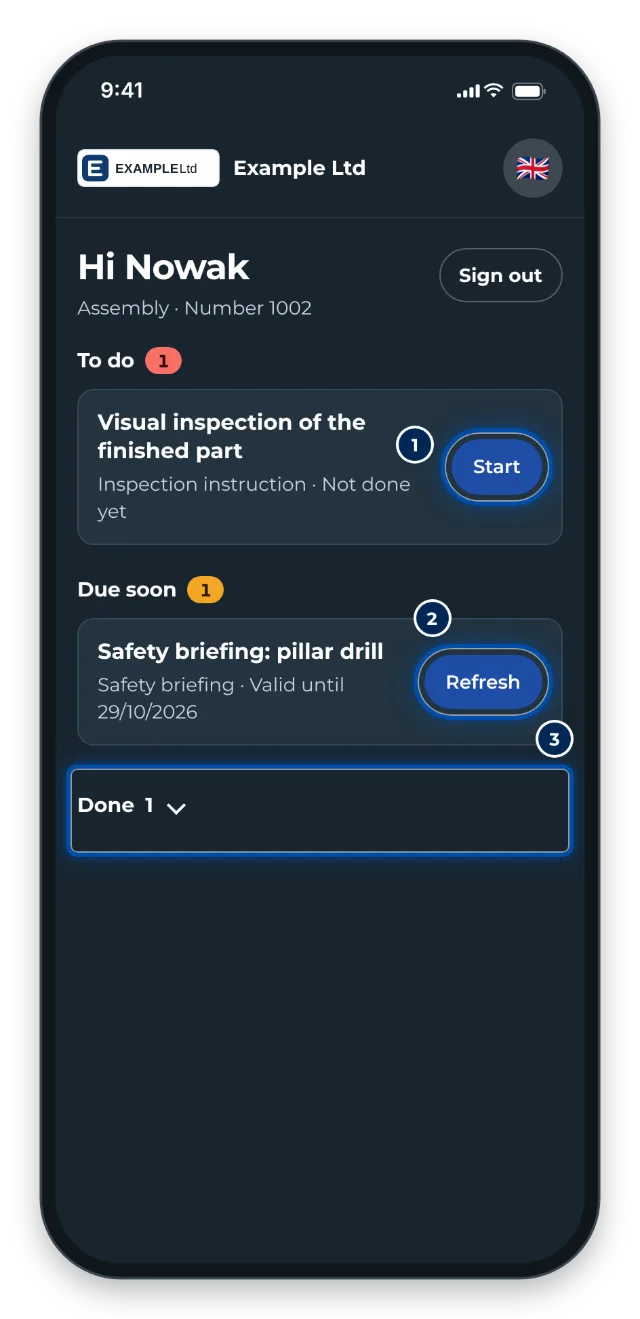 Phone: My trainings with To do, Due soon and Done