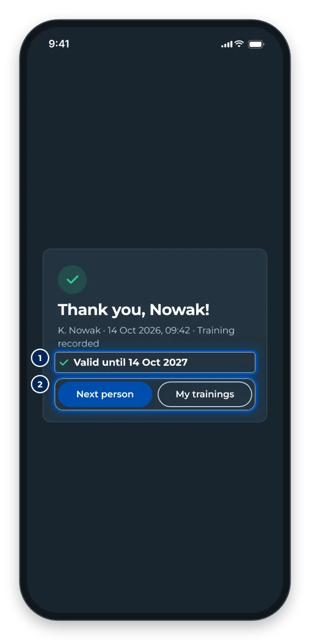 Phone: Thank you with Valid until and the Next person and My trainings buttons