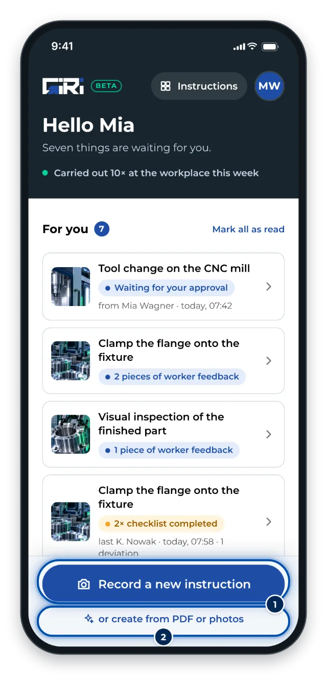 The start page on a phone with the button for recording a new instruction