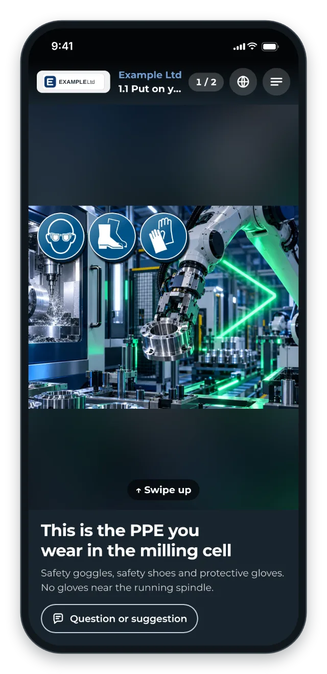 Day 1 on a phone: three mandatory signs show the PPE for the milling cell