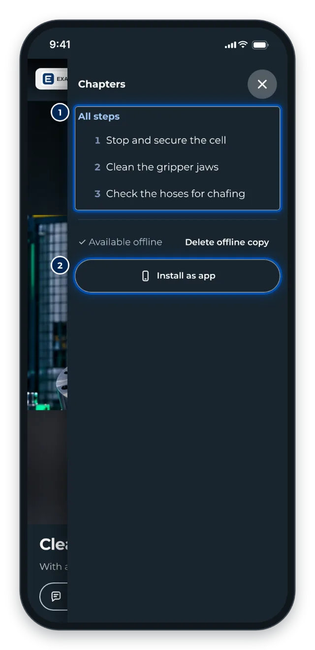 The menu with all steps and the Install as app button