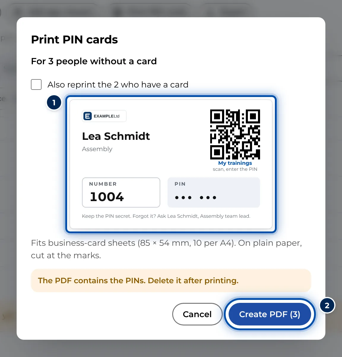 Print PIN cards dialog with a preview of the first card