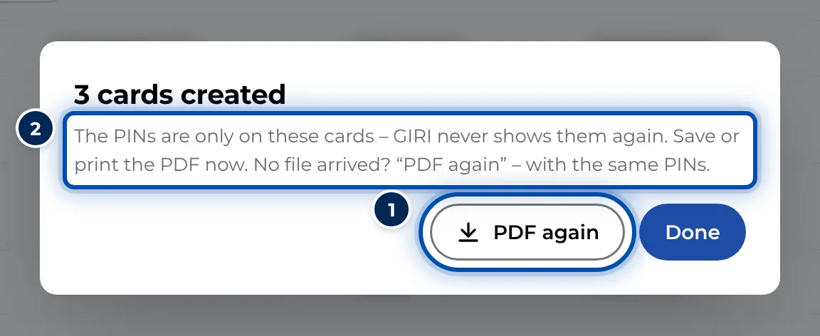 3 cards created window with PDF again and Done