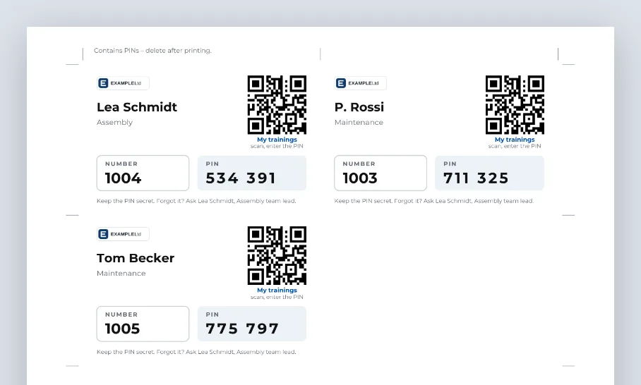 The PDF with the PIN cards: name, department, QR code, number and PIN on each card