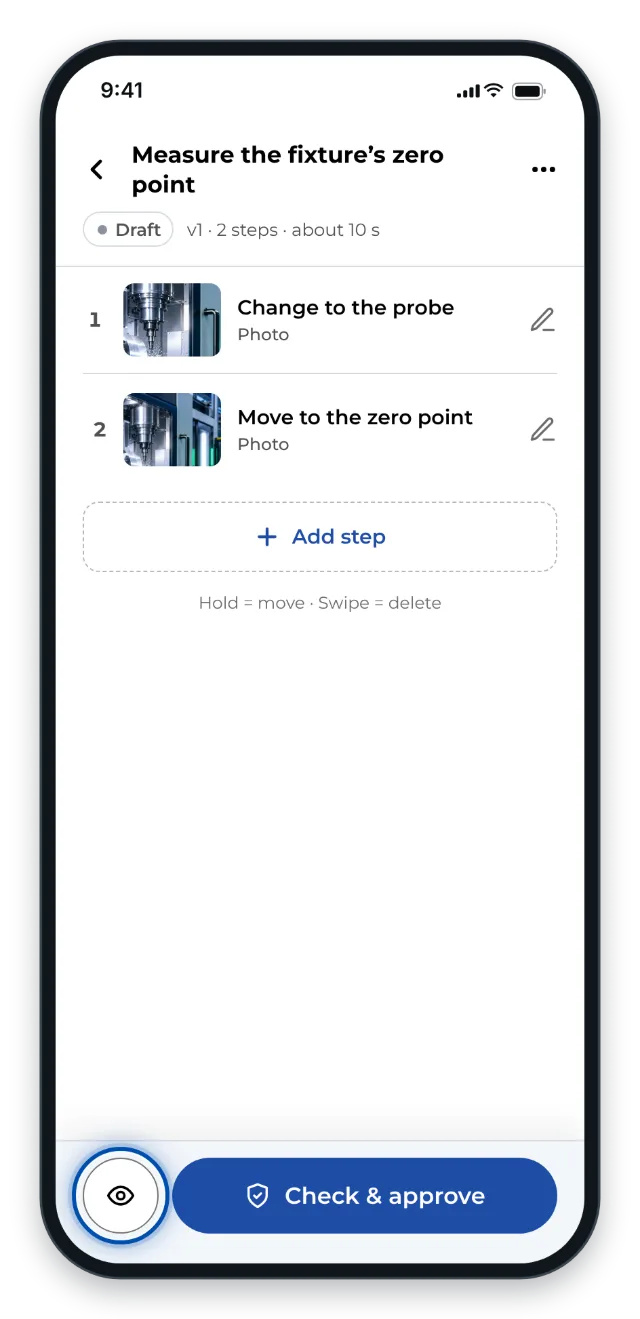On a phone, the eye at the bottom of the step list opens the preview