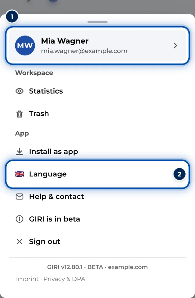 The menu on a phone with your name at the top and the language