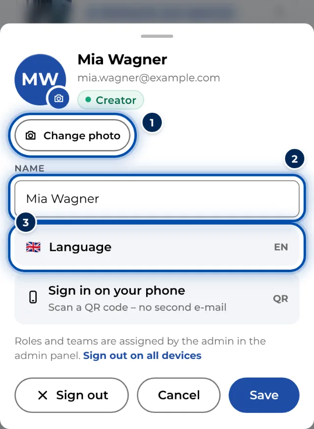 The profile on a phone with photo, name and language