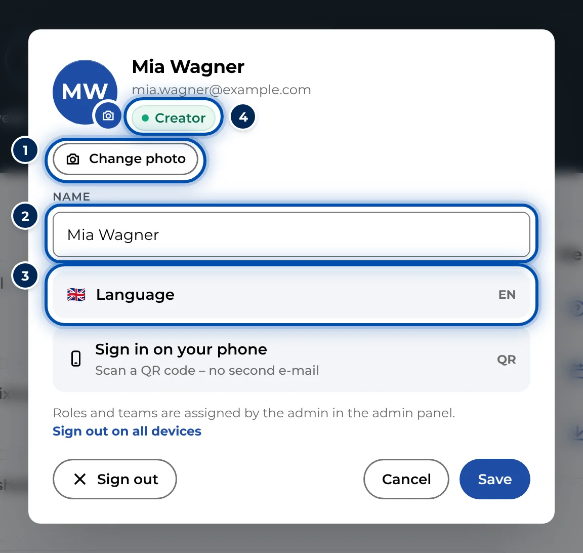 The profile with photo, name, language and sign-in on the phone