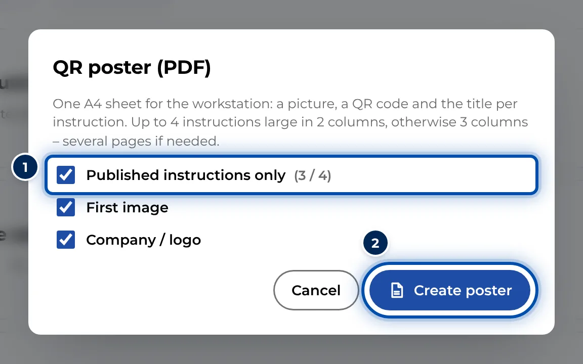 The QR poster dialog with its three options