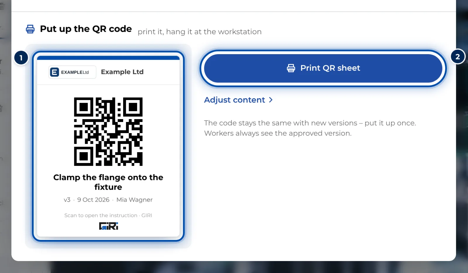 In the Share dialog, a preview shows what the QR sheet looks like