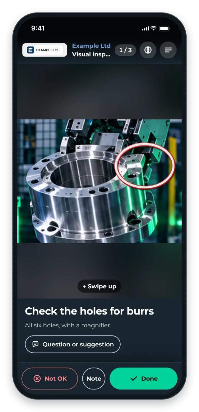 Visual inspection on a phone: the circle shows the spot to check, Not OK and Done at the bottom