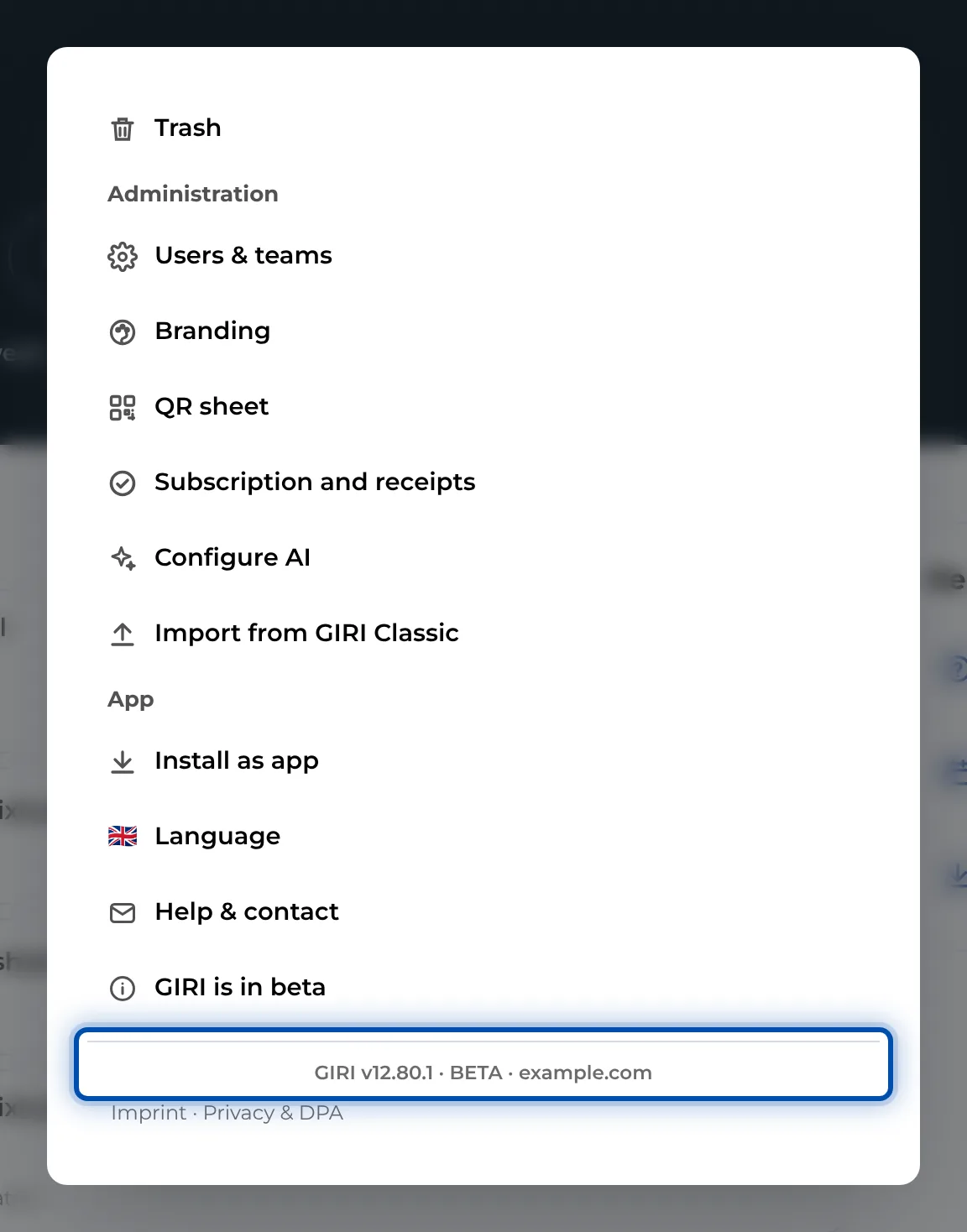 The version number is at the very bottom of the app menu