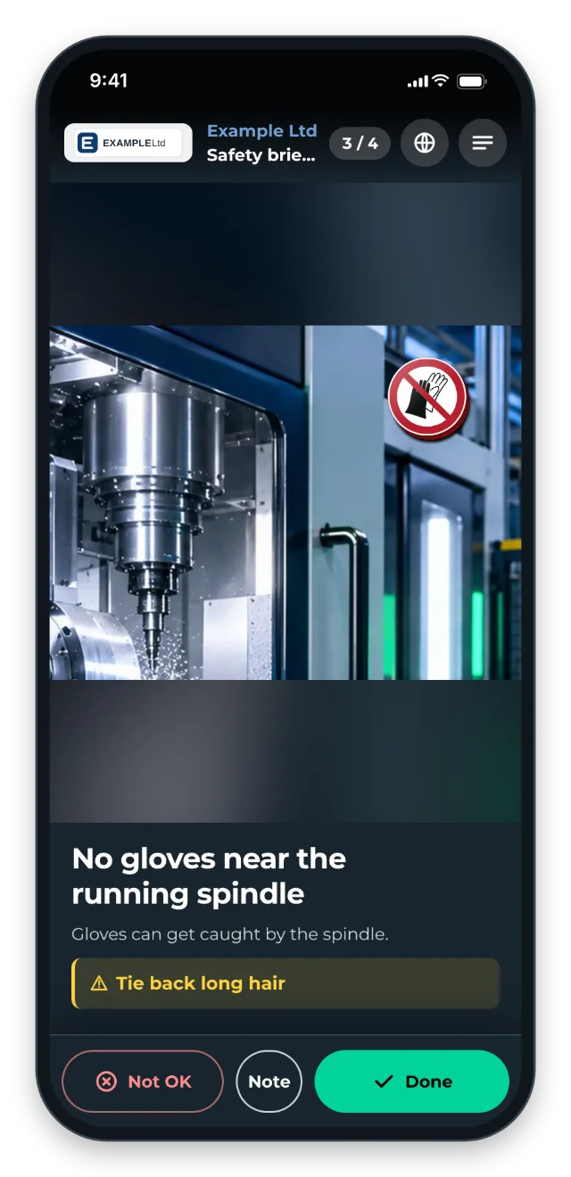 Briefing on a phone: prohibition sign in the picture, warning and checklist