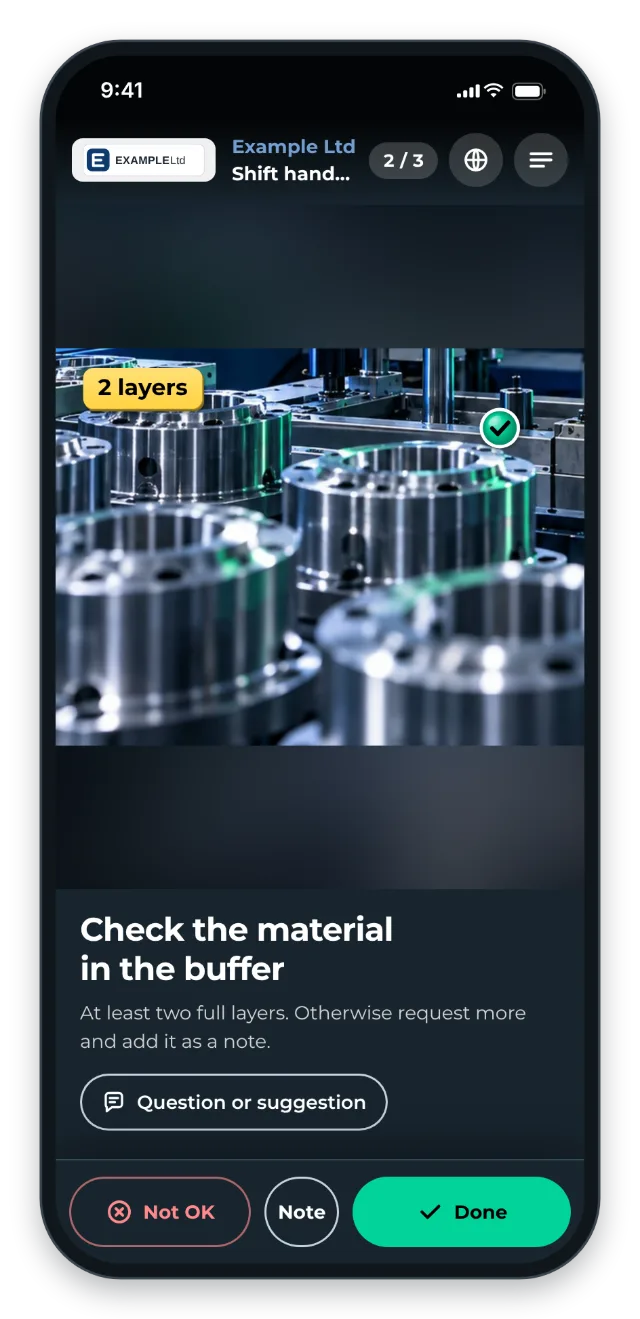 Handover on a phone: one step per check point, notes for the next shift via Note