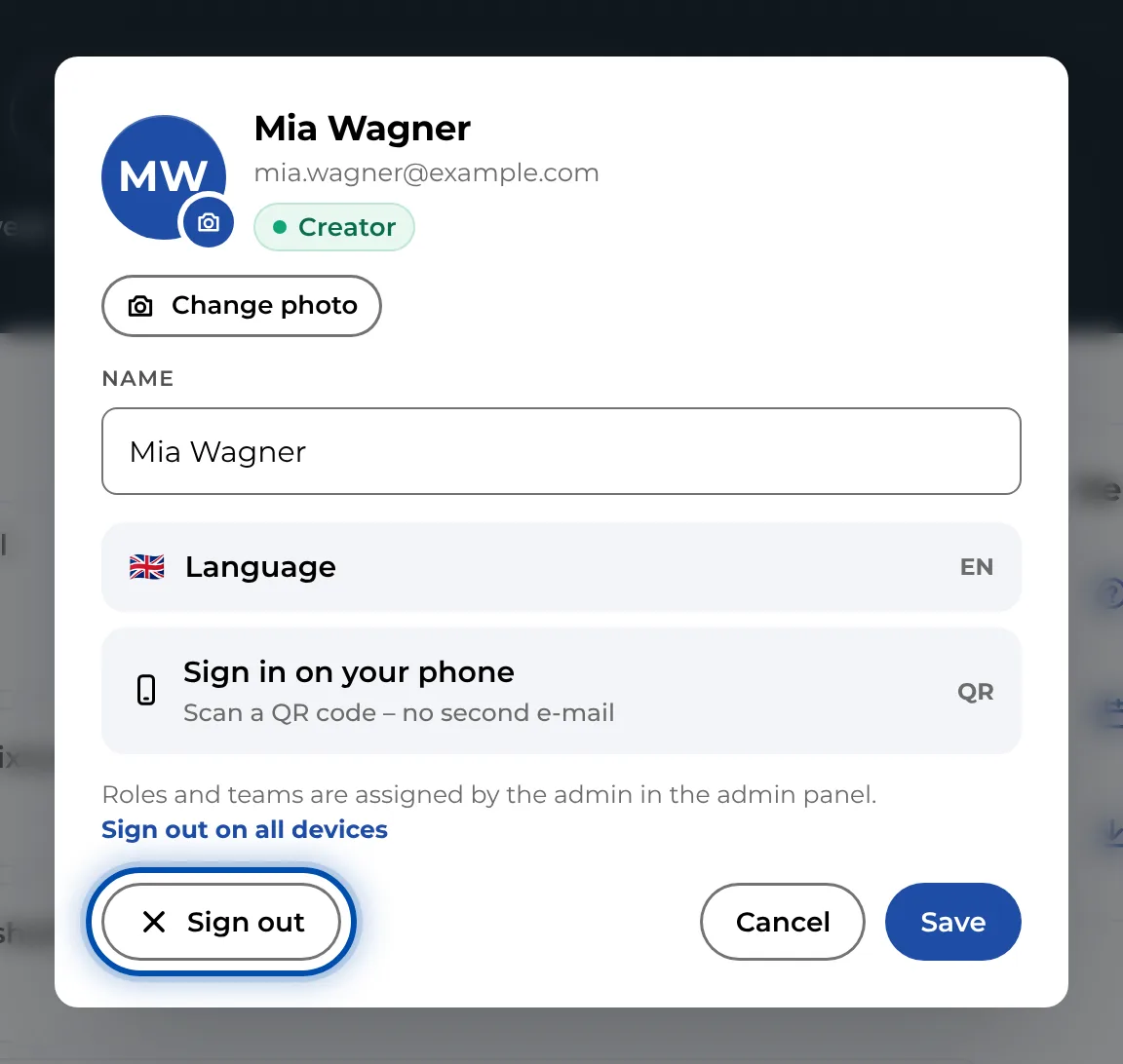 Sign out at the bottom left of the profile