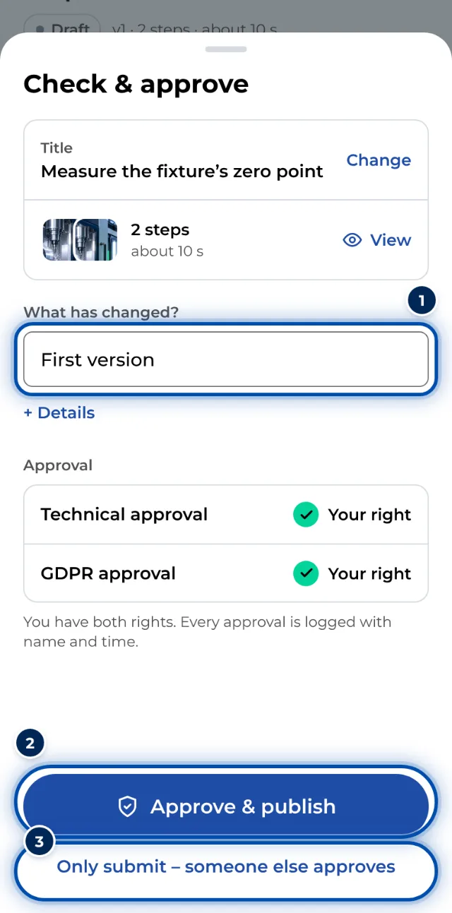 The submit sheet on a phone with the title, the steps and the approvals