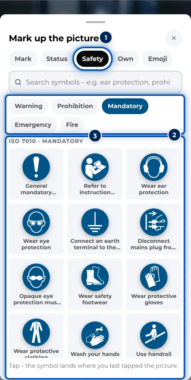 The library on a phone showing the ISO 7010 safety signs
