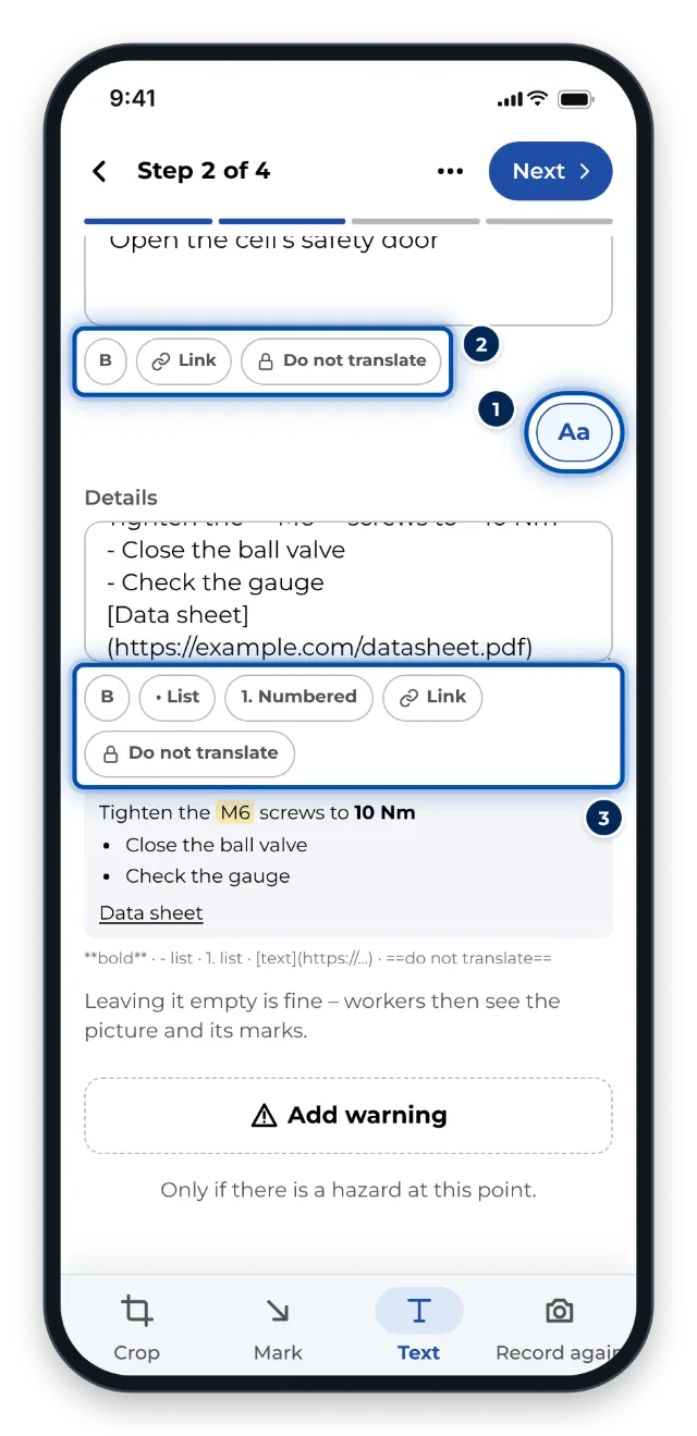 The Text tab on a phone with the formatting bars shown
