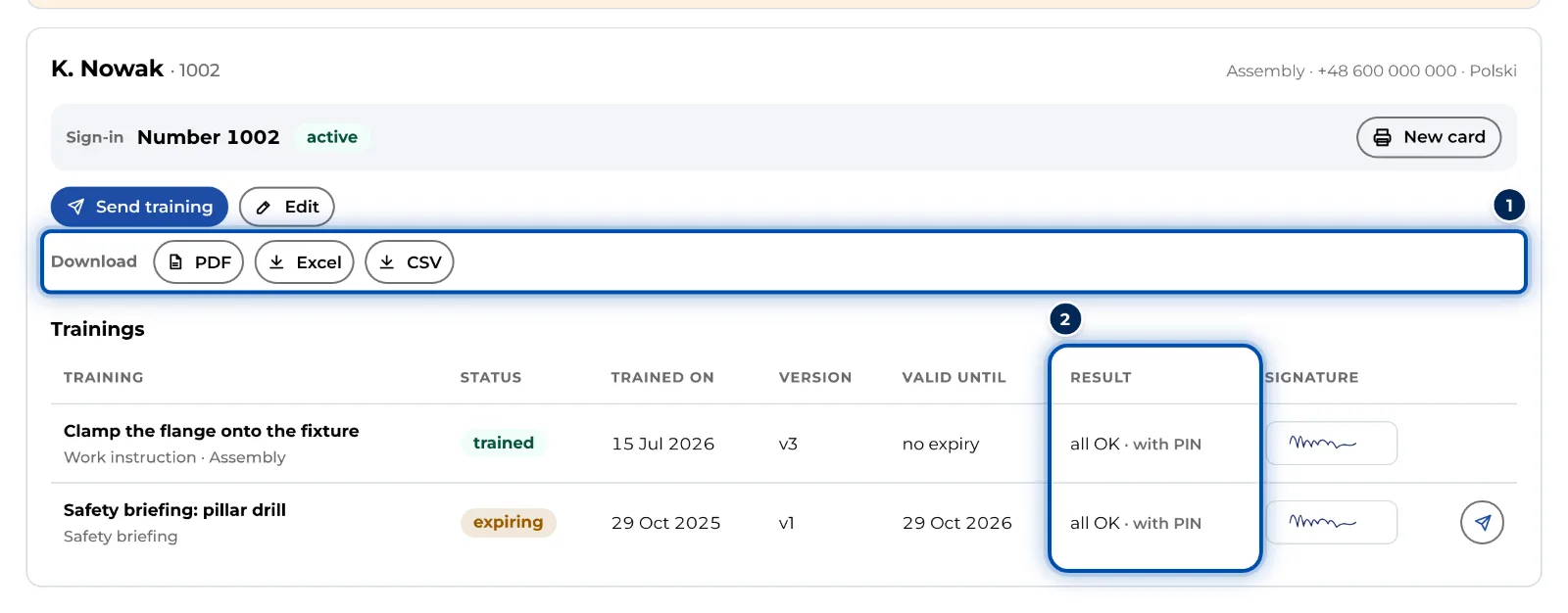 Detail of a person with download buttons and their trainings