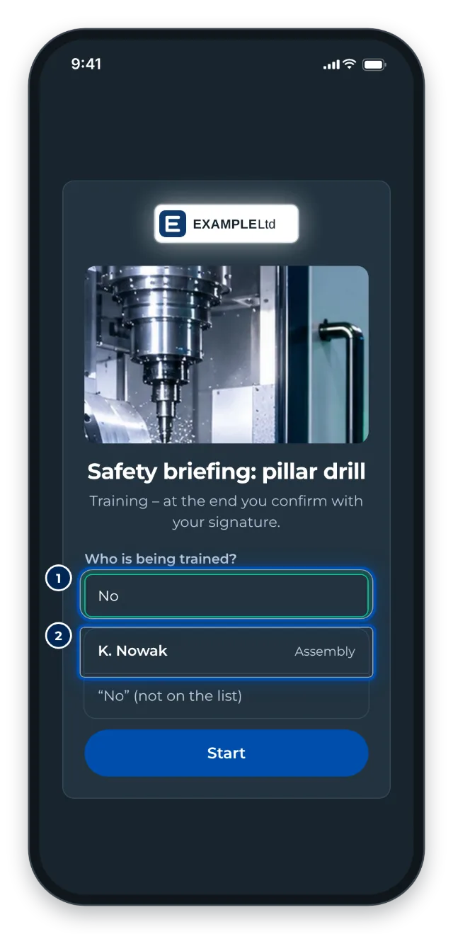 Phone: start of a training with the Who is being trained field and name suggestions