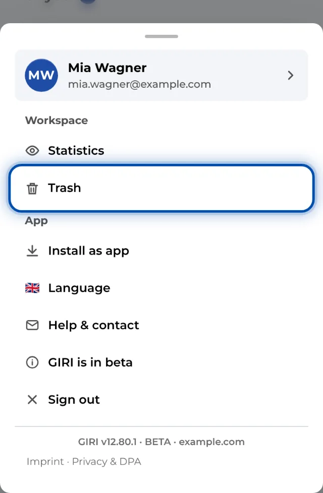 The trash is in the menu under Workspace