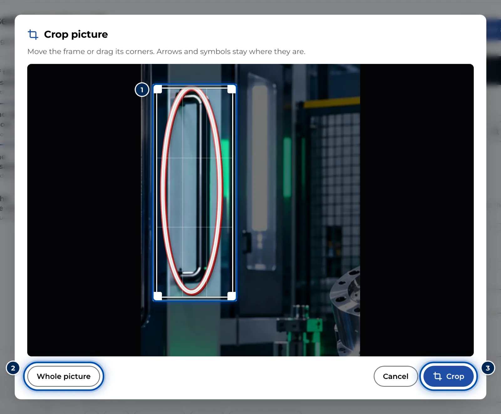 The Crop picture dialog with the frame over the photo