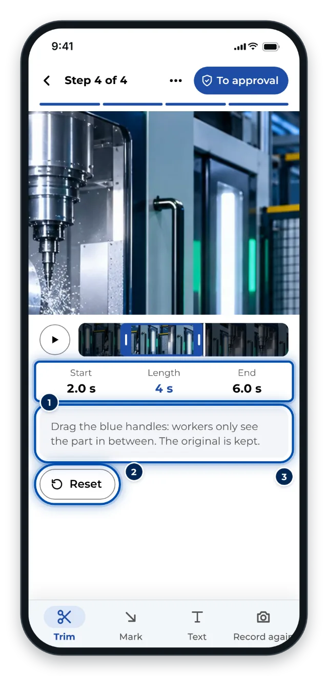 The Trim tab on a phone with start, length and end