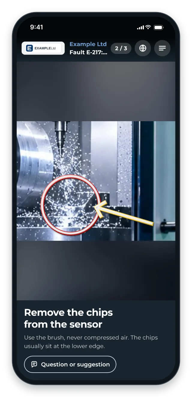Fault E-217 on a phone: a circle and an arrow show where the chips sit