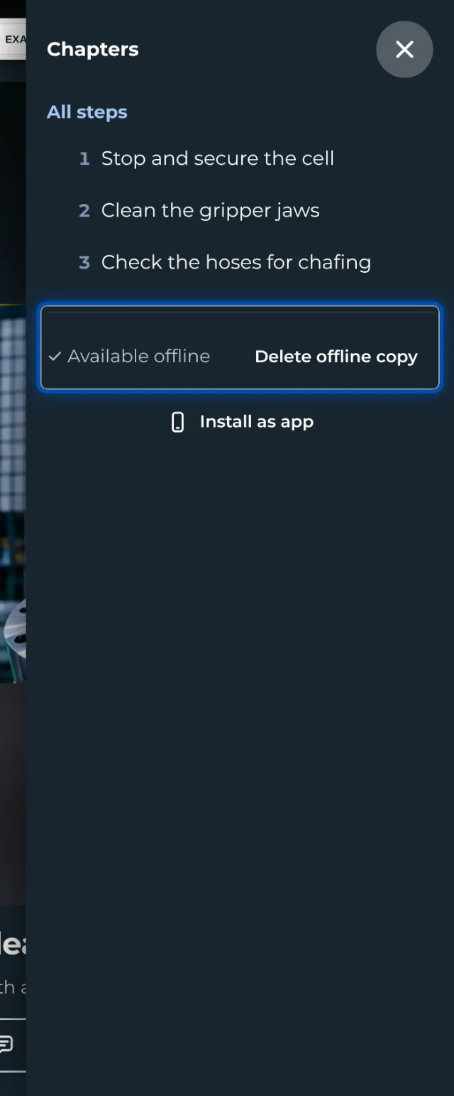 The instruction’s menu shows whether the copy on the device is complete